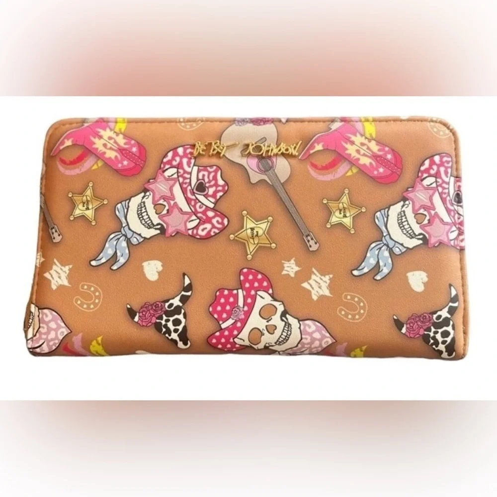 🩷☠️ BETSEY JOHNSON Western Cowboy Skull Print Zip Around Wristlet/Wallet🩷☠️NWT